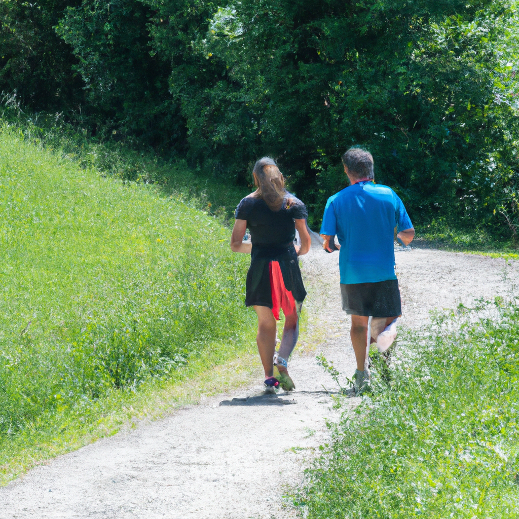 Un uomo e una donna in abbigliamento sportivo camminano lentamente su un sentiero immerso nel verde